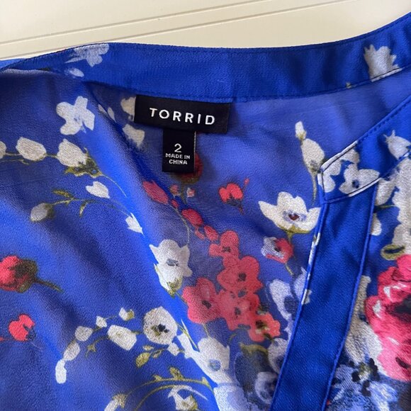 Torrid 2X Lexie Top Blue Floral Chiffon Babydoll Tunic Sheer Blouse Hi Low Z - Picture 6 of 10